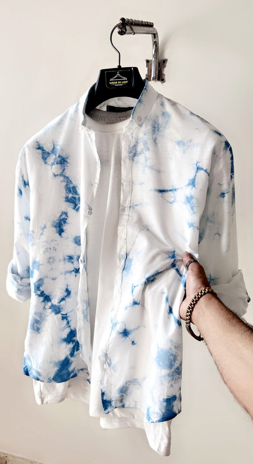 Blue & white tie&dye slim fit casual shirt - Image 2